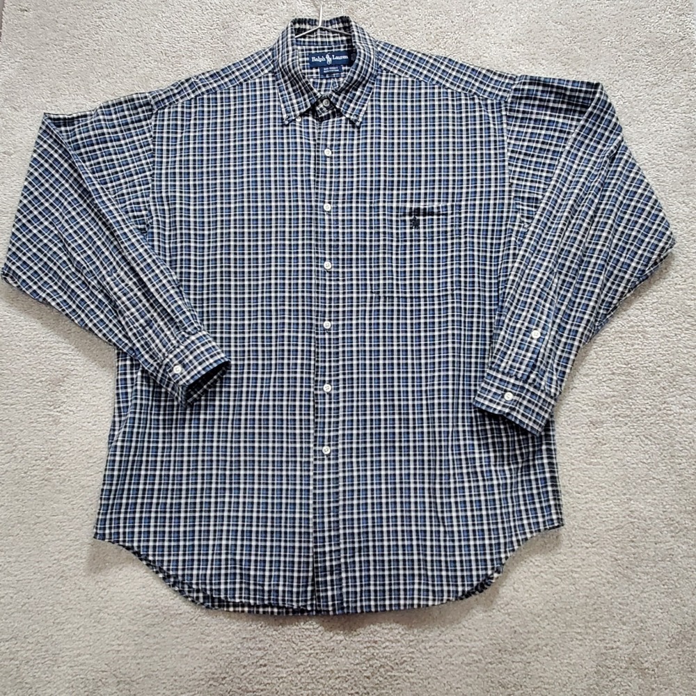 Ralph Lauren Big Shirt Men L Blue Plaid Collegiate Preppy Cowboy Office Cocktail